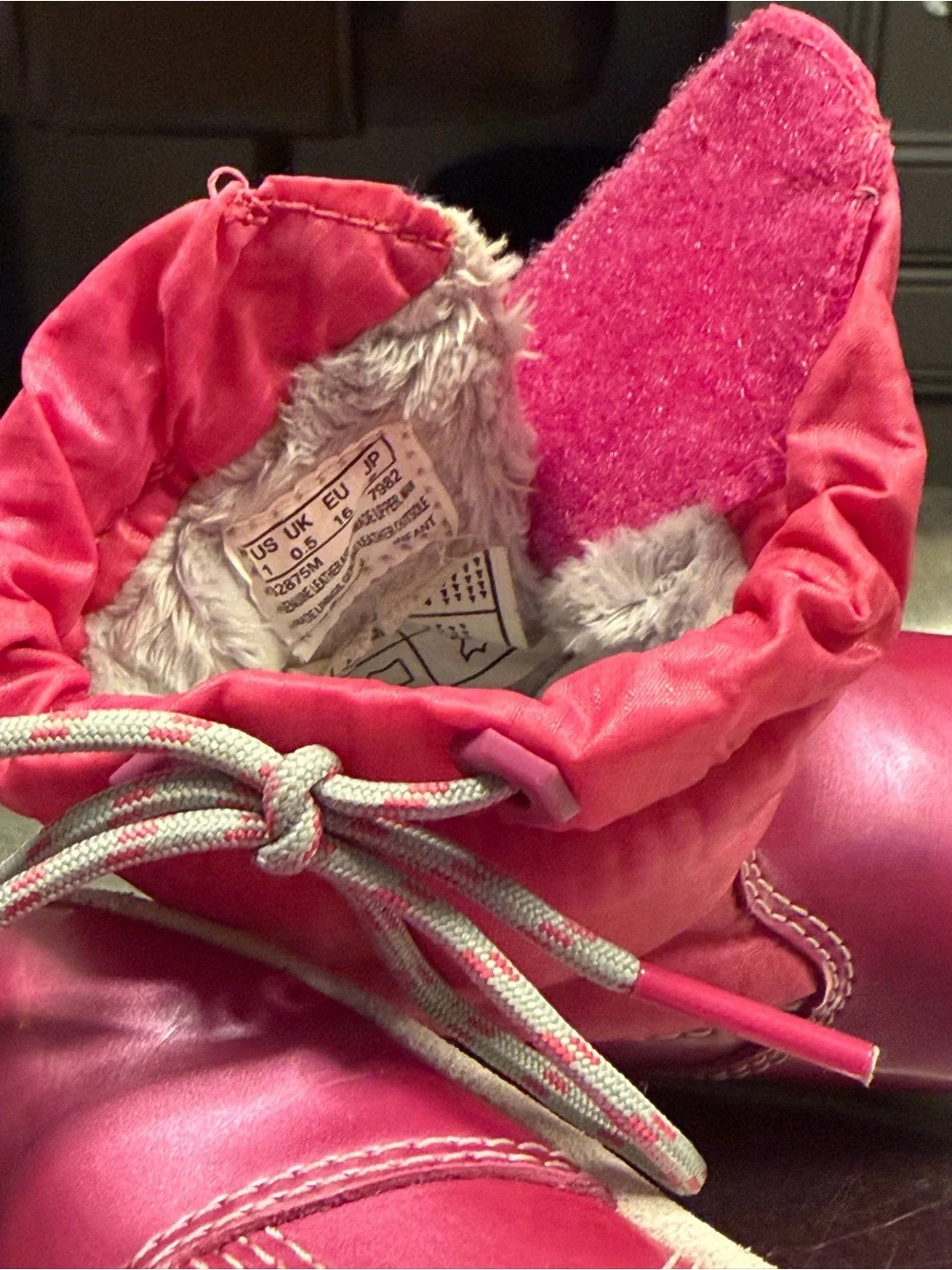 Timberland Pink Leather Ankle Booties Size 1 Fur Lined Draw Cord
